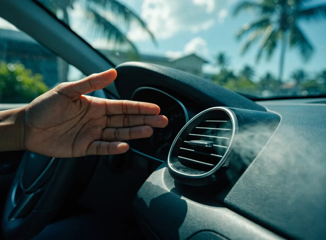 Mano frente a la rejilla del aire acondicionado de un carro